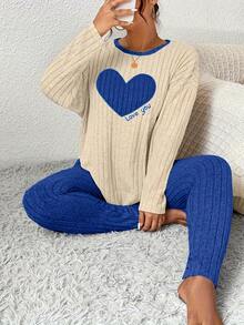 Women's Pajama Set, Ladies' Ribbed Heart Valentine's Day Sleepwear, Casual Soft Warm Loose Loungewear - Blue - View 1