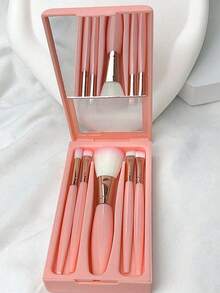 5件套粉色便携式化妆刷套装，带镜子，粉色花卉和黑色字母A-S，盒装化妆刷套装，多功能化妆刷带镜盒，迷你多功能化妆刷，粉底刷，眼影刷，初学者化妆工具晕染刷化妆收纳盒，包含化妆刷。 - 彩色 - 查看 4
