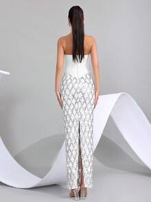 Đầm maxi ôm sát gợi cảm, hở vai, không tay, phối lưới xuyên thấu, đính hạt cườm thủ công sang trọng, thích hợp cho khách dự đám cưới, phù dâu, tiệc trang trọng, tiệc lễ hội. - trắng - Xem 7