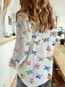 Women's Cotton Linen Blouse With Long Sleeves, Plus Size - White Butterfly - View 4