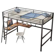 Metal Bed Frame 90x200cm, Iron Bed, Loft Bed With L-Shaped Desk And Shelf For Kids, Teens And Adults, Black - Black - View 10