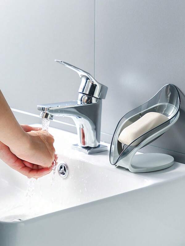 Plato de jabón transparente con forma de hoja - Autosecante, soporte de plástico sin taladrar para baño y fregadero de cocina, drenaje, caja de jabón