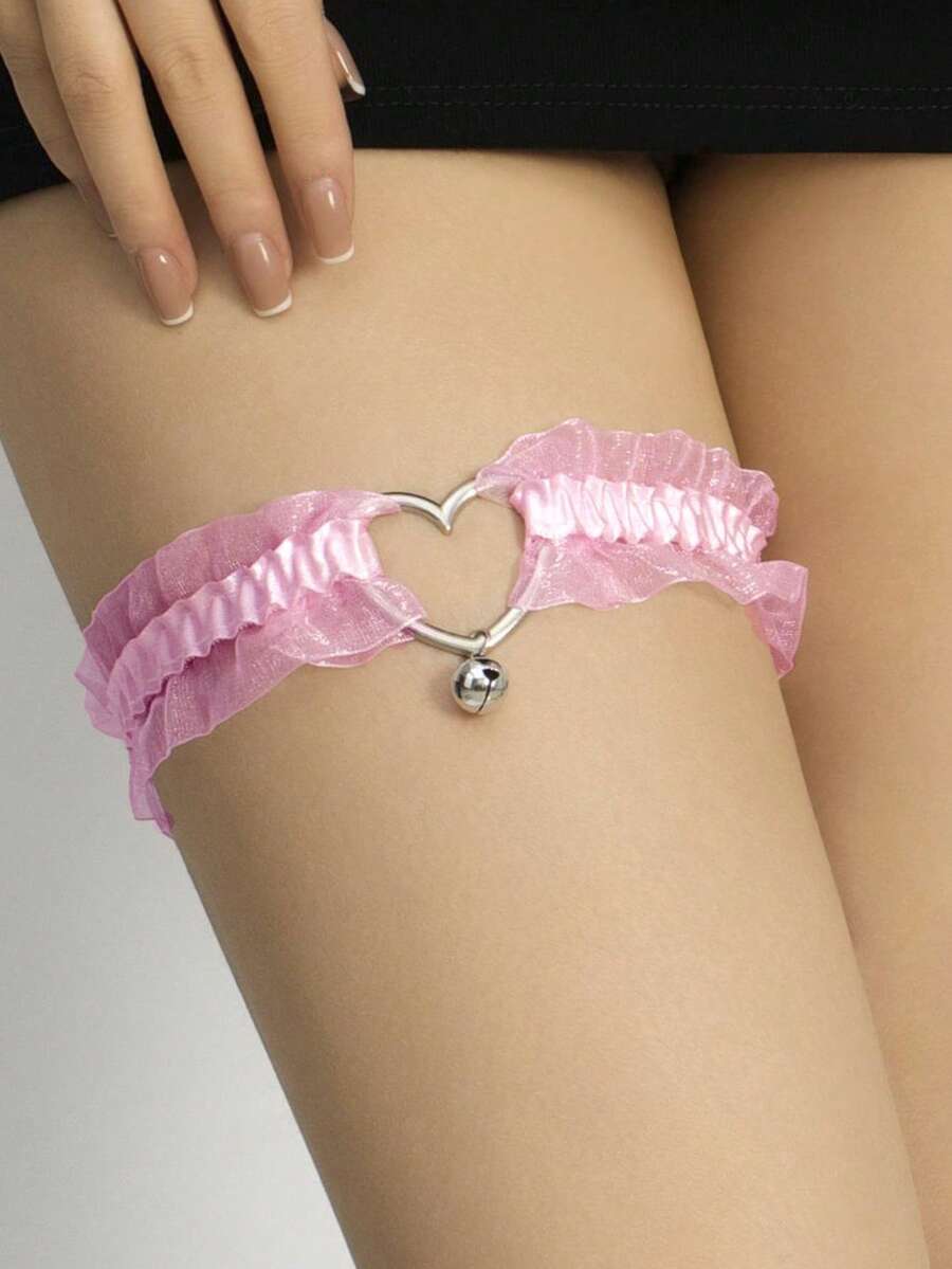 1pc Pink Heart Lace Trim Bell Garter, Fashionable Leg Chain Accessory For Brides - Pink - View 1