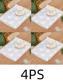 1pc White 3D Embroidery Placemat, Non-Slip, Dustproof, Suitable For Dining Table, Coffee Table And Other Desktops, Fashionable Decoration - White - View 8
