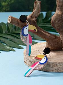 1pair Fashionable & Eye-catching Acrylic & Colorful Bird Printed Drop Earrings For Women To Wear In Daily Life, Party And Banquet