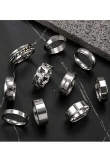 10件套简约不锈钢戒指套装，简约链条设计，宽边戒指，男士日常佩戴