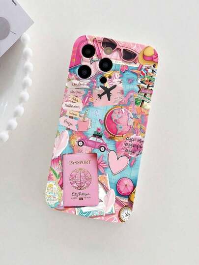 1pc Straight Edge Phone Case With Airplane, Travel, Globe, Passport, QR Code Prints, Scratch & Shock Resistant TPU Protective Cover Compatible With IPhone 17/17 Pro Max, 16/16e, 11, 15 Pro Max, 14 Pro Max, Galaxy, Waterproof & Drop-Proof