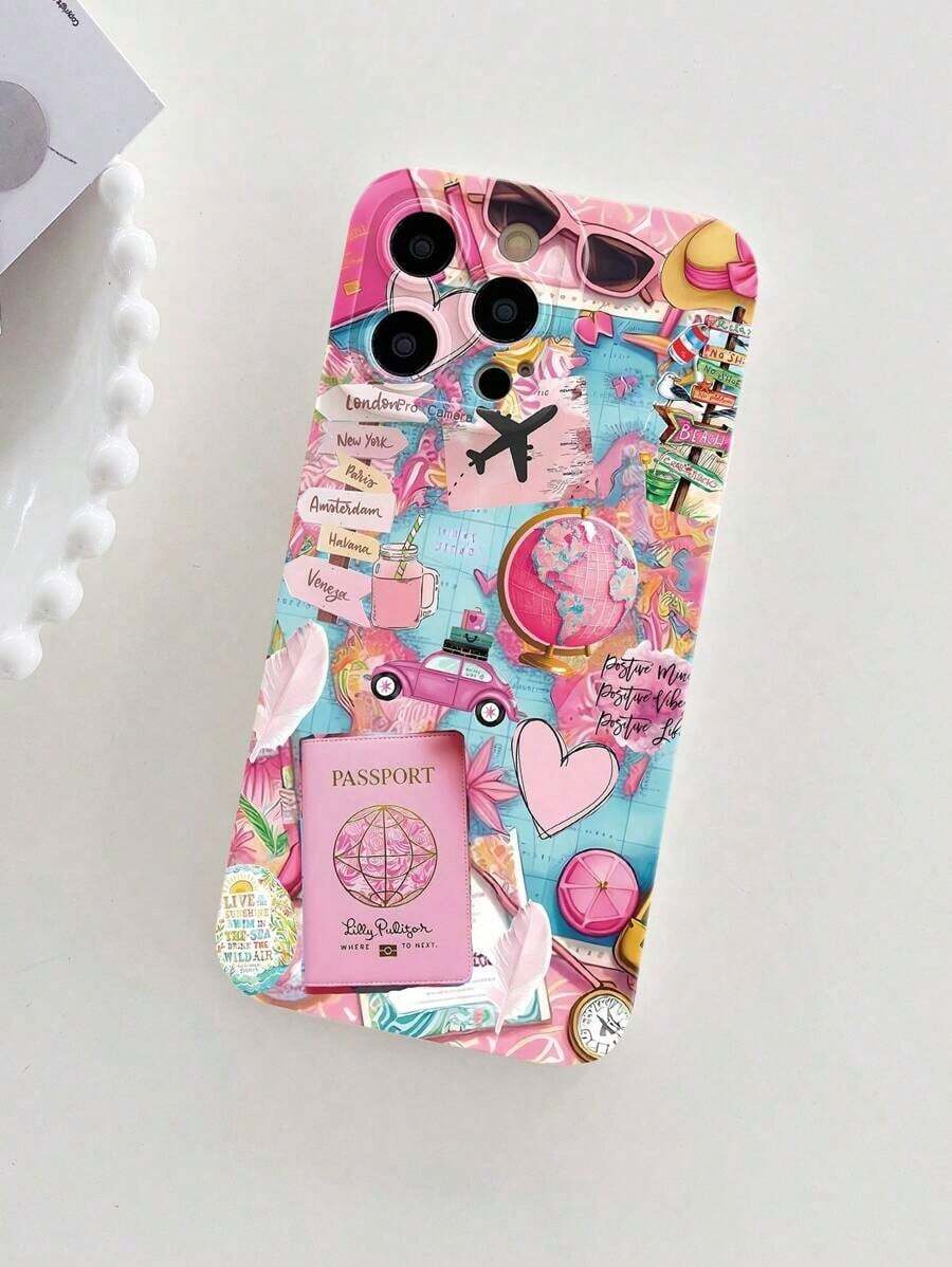1个直边手机壳，印有飞机、旅行、地球仪、护照、二维码图案，防刮防震TPU保护套，兼容 17/17 Pro Max、16/16e、11、15 Pro Max、14 Pro Max、Galaxy等机型，防水防摔 - 彩色 - 查看 1