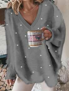 Plus Size V-Neck Beaded Solid Color Sweater, Casual For Autumn/Winter - Light Grey - View 2