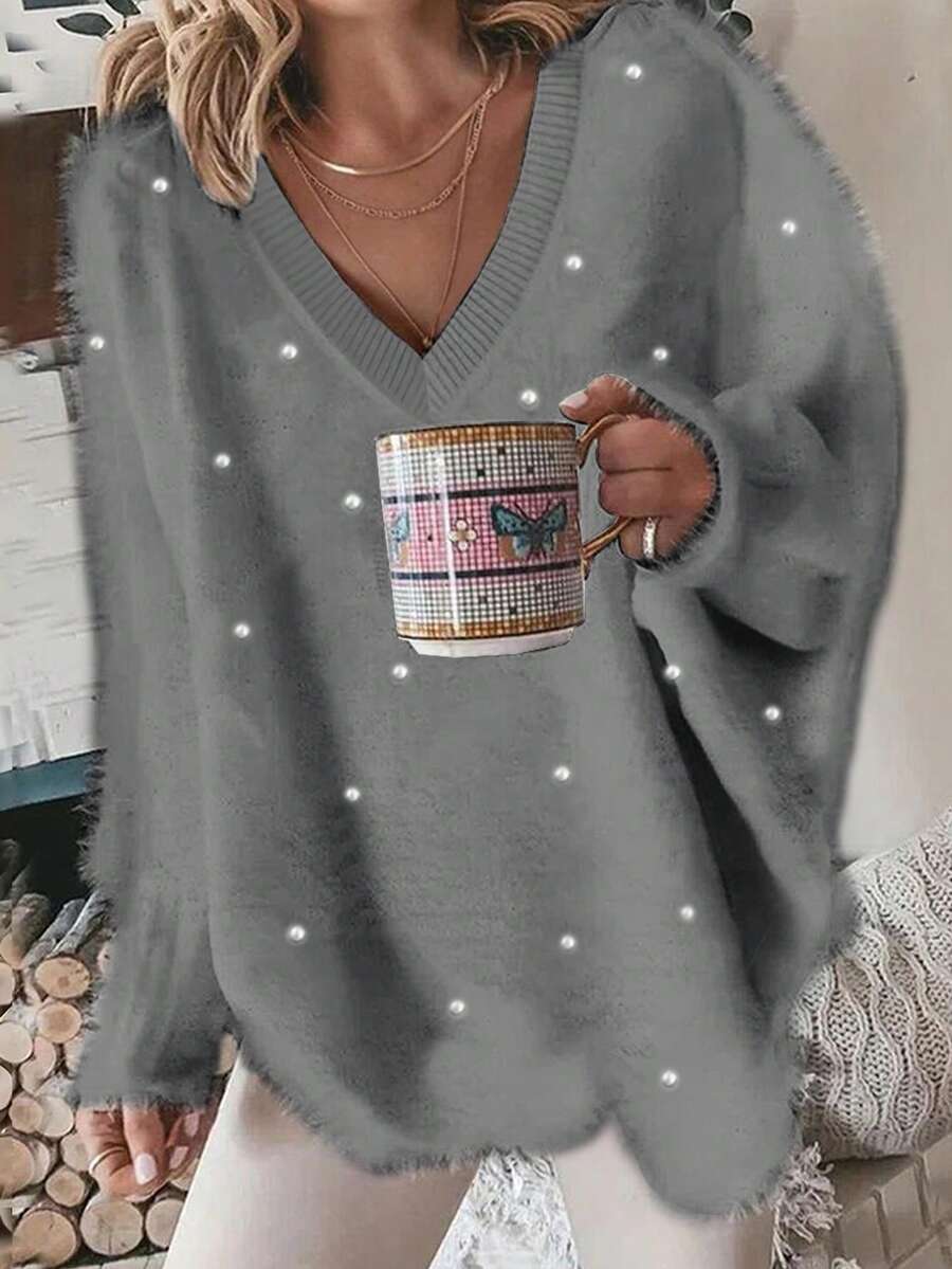 Plus Size V-Neck Beaded Solid Color Sweater, Casual For Autumn/Winter