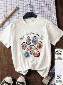 Dog Paw Print & Flower Print Summer Ladies 100% Cotton Short Sleeves, White Tops, Graphic T-Shirts, Cotton T-Shirts,Chinese New Year, Lunar New Year, Year Of The Year Of The Horse, Spring Festival,Happy New Year , Valentine's Day, Valentine's Gift, Valentine's Day Gift For Her, Valentine's PresentRelaxed Plus Size T-Shirt - 白色 - 查看 1