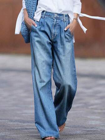 女士时尚百搭水洗不对称口袋宽松牛仔裤，Y2K 新款阔腿牛仔裤，街头潮流，宽松，休闲，时尚，褶皱，长裤