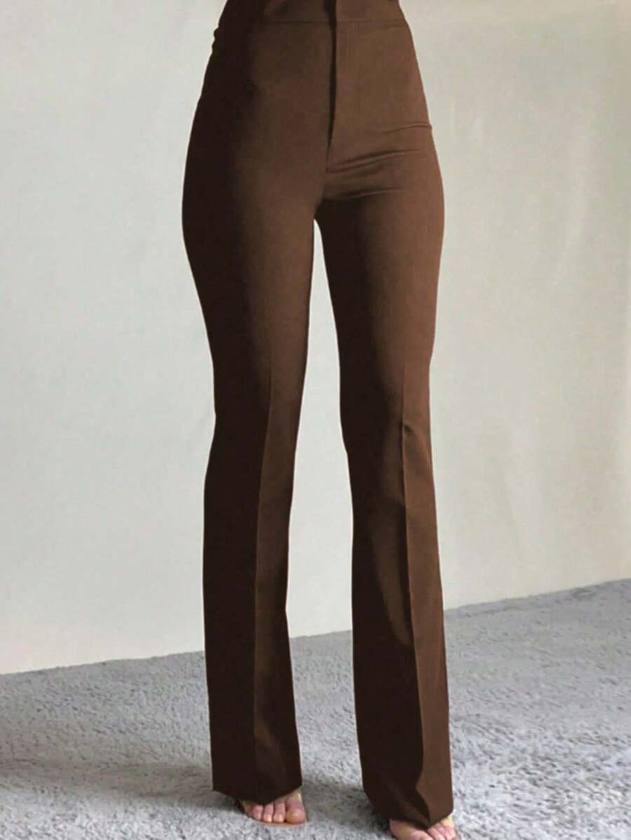 必备优雅休闲通勤修身高腰口袋时尚别致女裤 春季 - 棕色 - 查看 1