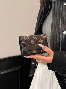 New Women's Brown PU Random Print Pattern Compact Accordion Card Holder Multi-Card Slots Fashion Versatile Anti-Scan Card Organizer Pouch Flip Cover Retro Lightweight Clutch Women Money Wallet Wallet Purse Wallet Fall Autumn Card Wallet - 棕色 - 查看 6