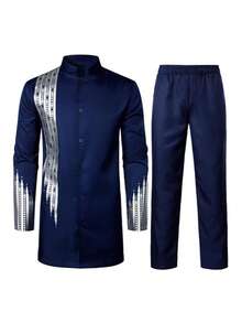 Men's Casual Long-Sleeved Two-Piece Suit, Mid-Length Top And Trousers  Baroque    Regular Fit    Button Front  Pocket  Knot    Halloween  Christmas - Màu xanh hải quân - Xem 5