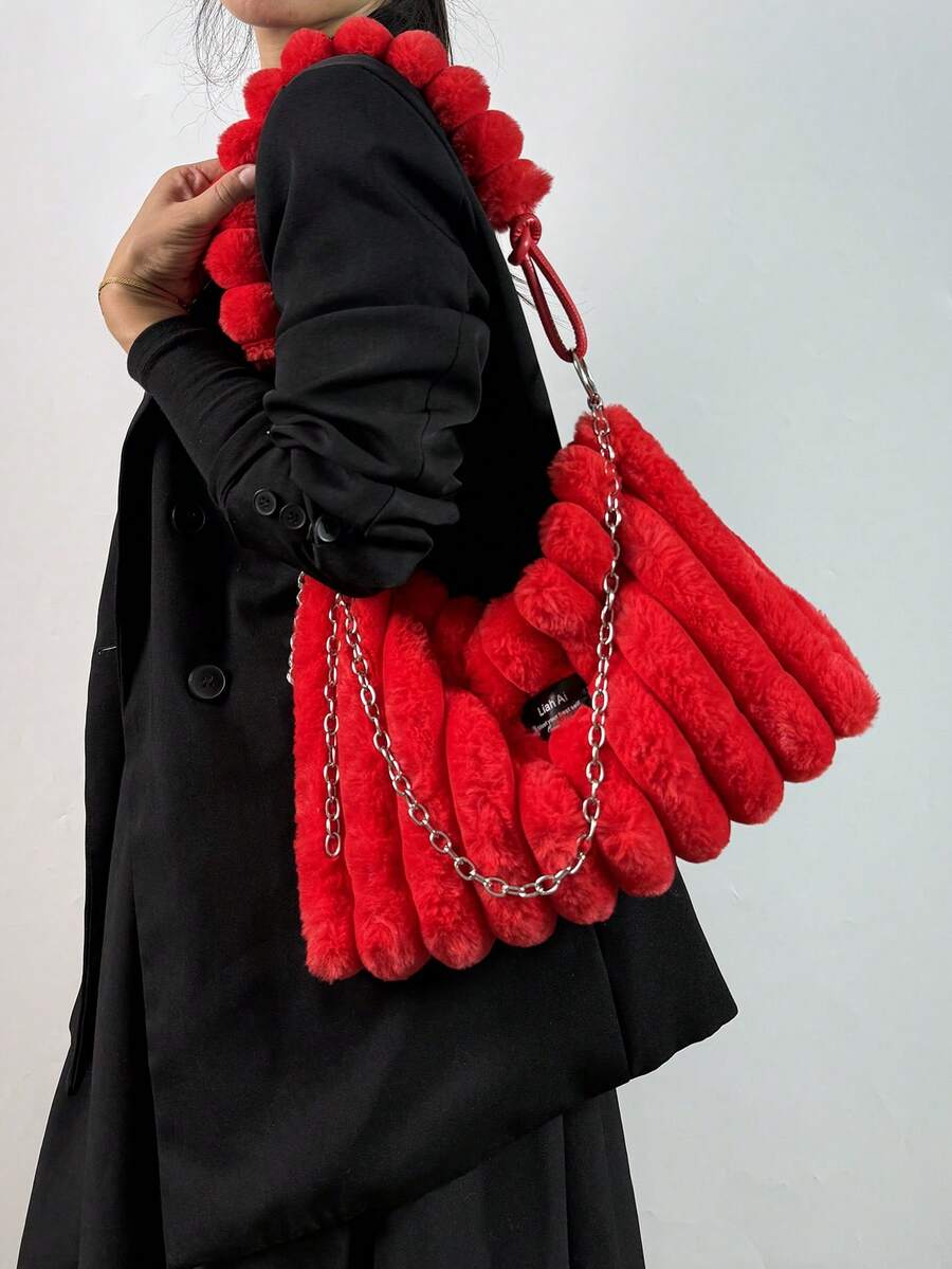1 pieza Bolso de mano de piel de conejo para mujer, otoño/invierno, de alta calidad con cremallera y bolso grande, correa desmontable, disponible en burdeos, marrón, rosa, negro con efecto tie-dye, adecuado para mujeres y niñas, se puede usar como bandolera o al hombro - Rojo - Ver 1