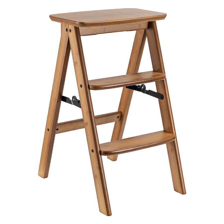 Natural Bamboo Folding Ladder – 3-Level Stepping Stool With Reinforced Structure – Lightweight & Multi-Function For Kitchen, Laundry Room Or Patio - 棕色 - 查看 1