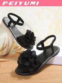 PEIYUMI Women's Sandals, Summer Beach Floral Decor Sandals, Elastic Stretch, Easy To Carry - Black - View 6