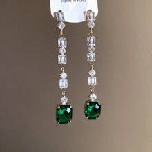 Andkiss 一对奢华水钻镶嵌长方形吊坠耳环 - 銀色-綠色 - 查看 4