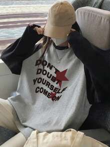 女士春秋新款休闲圆领棉质拼布印花长袖T恤 - 深花灰 - 查看 3