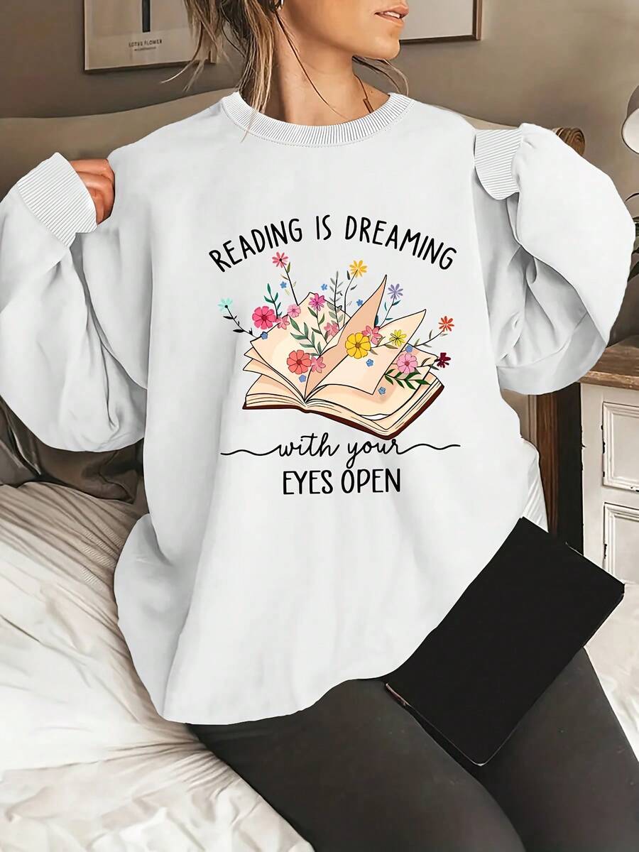 Women's  Round Neck Sweatshirt - "Reading Is Dreaming With Your Eyes Closed" Floral Book Design, Soft Casual Pullover For Spring/Fall, Machine Washable, Book Sweater - trắng - Xem 1
