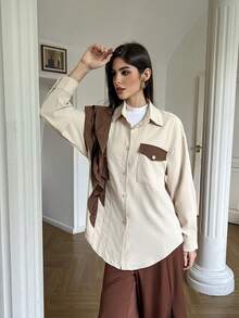 Women's Solid Color Button Front Pocket Blouse - Apricot - View 6