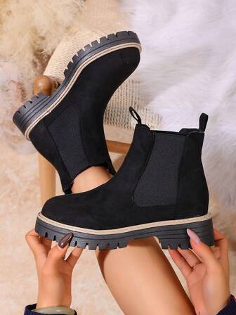 秋冬女士豹纹短靴，时尚百搭软底防滑厚底增高户外靴，圆头套脚踝靴