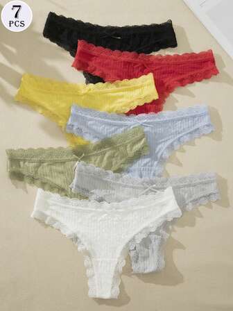 7pcs/Pack Sexy Lace Underwear, Lightweight Breathable Mesh Crotch Thong Panties For Women