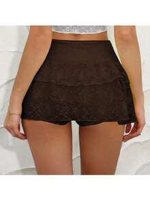 Women's Low-Waist Lace Ruffle Layered Pleated Cute Cake Skirt, Suitable For Parties, Shopping, And Gatherings Summer - Coffee Brown - View 7