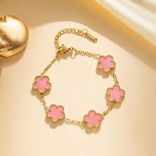 1Pcs Bracelet Hot  - Titanium Steel Lucky Grass Five-Leaf Flower Bracelet Women's Light Luxury High-End 18k Non-Fading Waterproof Stainless Steel Jewelry - Vòng tay cỏ ba lá hồng - Xem 1