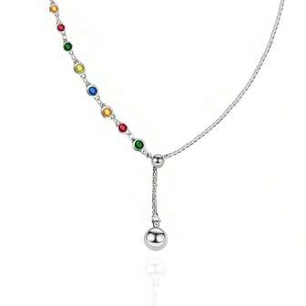 1件优雅复古925银彩虹球吊坠项链，女士款，不对称可调节链条设计，适合日常佩戴、派对、送礼（家人、朋友）、圣诞节、万圣节、情人节、生日等场合 - 附赠礼盒