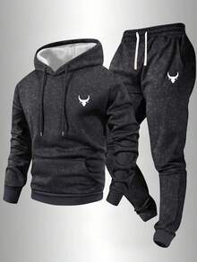 2 pezzi/Set Felpa con cappuccio e pantaloni della tuta con coulisse, motivo stampa testa di toro, felpa con cappuccio con coulisse e tasche, vita con coulisse, adatto per moda casual, jogging, pendolarismo, viaggi, all'aperto in primavera, autunno e inverno. Un regalo ideale per il marito o il fidanzato.