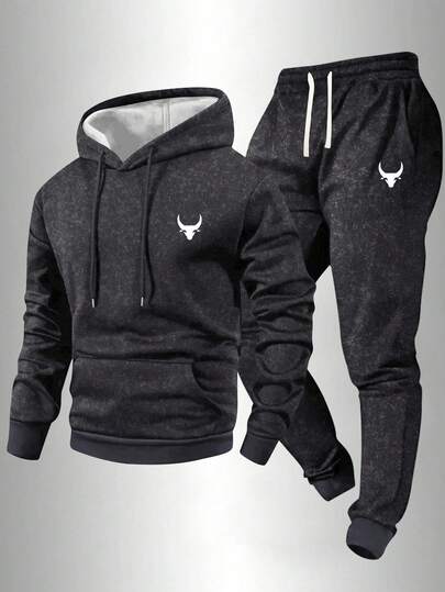 Set de 2 piezas Sudadera con capucha y pantalón jogger con cordón, estampado de cabeza de toro, sudadera con capucha con cordón y bolsillos, cintura con cordón, adecuado para moda urbana, trotar, ir al trabajo, viajar, al aire libre en primavera, otoño e invierno. Un regalo ideal para el esposo o novio