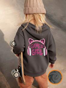 Funny Print Thermal Lined Pullover Sweatshirt Sweatshirt For Young Girls, Warm & Comfortable For Autumn/Winter - Dark Grey - View 6