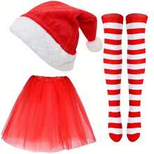 4件成人女士毛毡圣诞仙女鞋圣诞袜装扮道具三件套1顶帽子+1条裙子+1双袜子圣诞装扮道具万圣节 - 彩色 - 查看 4