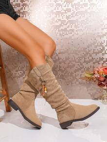 女士西部风格过膝长靴，卡其色时尚过膝长靴，中筒粗跟长靴，褶皱折叠粗跟长靴，圆头休闲/派对棕色流苏踝靴 - 卡其色 - 查看 2