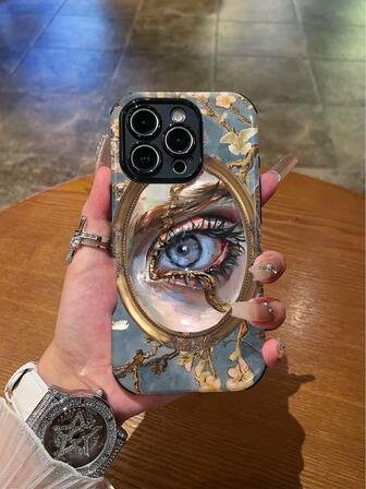 1 pieza Funda de teléfono híbrida suave de TPU+PC a prueba de golpes y antideslizante con patrón de ojo de pintura de aceite vintage minimalista personalizada, compatible con teléfonos Apple, gran regalo para amigos, familia, parejas, cumpleaños, festividades