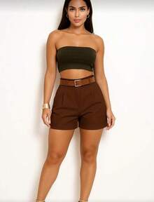 Women's High-Waisted Shorts With Pocket And Belt - Brown - Summer - Rỉ Nâu - Xem 2