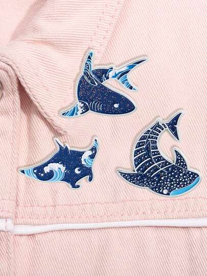 3 peças de broches de esmalte com desenhos animados brilhantes de animais marinhos subaquáticos, golfinhos, arraias manta e tubarões, broches de lapela, joias, presentes