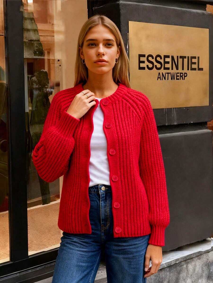Red Crew Neck Button Front Knit Cardigan For Women, Long Sleeve Casual Everyday Sweater Jacket - Red - View 1