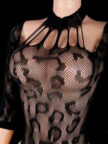 One-Piece Sexy Lingerie, 1 Long-Sleeved Leopard Print Hollow Bodysuit, One Size Fits All: XS-M, Women's Fashionable Sexy Mesh Bodysuit, Hollow Design, Sexy Tights, Exquisite Details, Light Texture, Bodysuit, Fashion Lingerie, Club Wear - Black - View 4