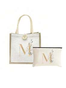 Túi vải lanh, Túi vải lanh họa tiết hoa nhí trang trí nút, Túi xách cỡ lớn tối giản, Túi đựng đồ tiện dụng, Túi mua sắm đa năng, Chữ A-Z lá xanh mạ vàng, Thiết kế mới, Dung tích lớn, Lý tưởng cho mua sắm, Túi đeo vai, Túi xách tay, Túi đựng cơm trưa, Hộp cơm trưa, Phù hợp cho nữ, Phiên bản năm mới - trắng - Xem 37