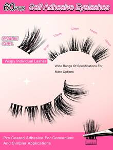 60pcs C-Curl Self-Adhesive Individual Lashes Set, 8-16mm, Cat Eye Effect, DIY Eyelash Extension Kit With Tweezers And Lash Curler, No Glue Needed, Segment Lashes, Pointed Tip Lash Extensions - 黑色 - 查看 5