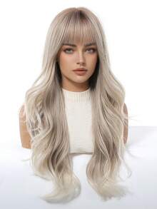 28-Inch Gray Ombre Wavy Wigs For Women With Bangs Long Natural Synthetic Hair Wig Daily Cosplay Heat Resistant - Màu xám ombre - Xem 4