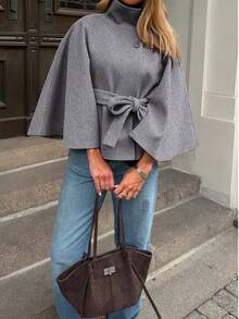 Áo choàng len thắt eo cài nút phía trước màu trơn dành cho nữ, trang phục thường ngày và hẹn hò, áo khoác ngoài mùa thu/đông - Xám - Xem 2