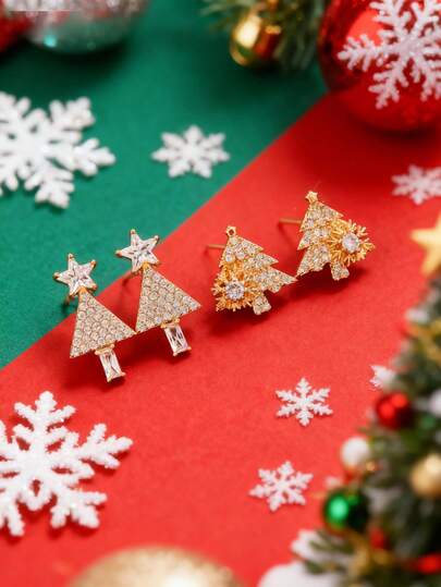 أقراط مرصعة بالزركونيا المكعبة على شكل شجرة عيد الميلاد والثلج، أنيقة وفاخرة، مناسبة للنساء للاستخدام اليومي والمناسبات والأعياد والهدايا في عيد الميلاد