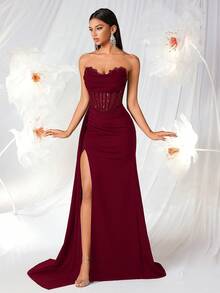 ADYCE Elegant V-Neck Sheer Lace Mermaid High Waist Belted High Slit Backless Floor-Length Evening Gown, Suitable For Wedding Guest, Party, Prom, Date Night, Formal Dinner, Christmas Party And Other Occasions - Burgundy - View 7