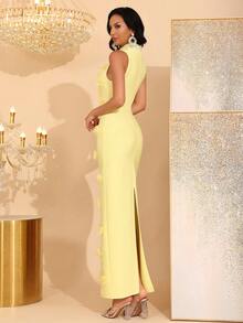 新款黄色性感无袖高领重工3D花朵珍珠显瘦绷带连衣裙优雅婚礼伴娘服婚礼嘉宾生日派对节日女士正式晚宴礼服 - 黃色 - 查看 6