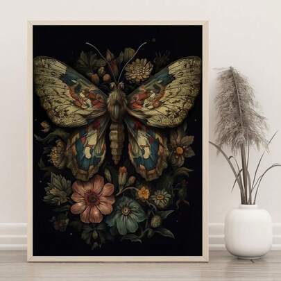 1pc, Butterfly Pictures Canvas Paintings, Dark Botanical Print Wall Art, Minimalist Poster Print, Butterfly Art Wall Painting, Retro British Decor, Living Room, Aesthetic Bedroom, Hotel Wall Decor, Home Decor, Creative Gift, Unframed