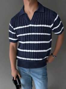1 Áo thun nam dệt kim, chất liệu dày dặn, họa tiết sọc phối màu tương phản, áo thun nam, chất vải mềm mại thoải mái, áo thun tay ngắn, có thể mặc riêng hoặc phối lớp, phù hợp cho tiệc tùng, tụ họp trên du thuyền, phong cách giản dị cổ điển. - Màu xanh hải quân - Xem 6